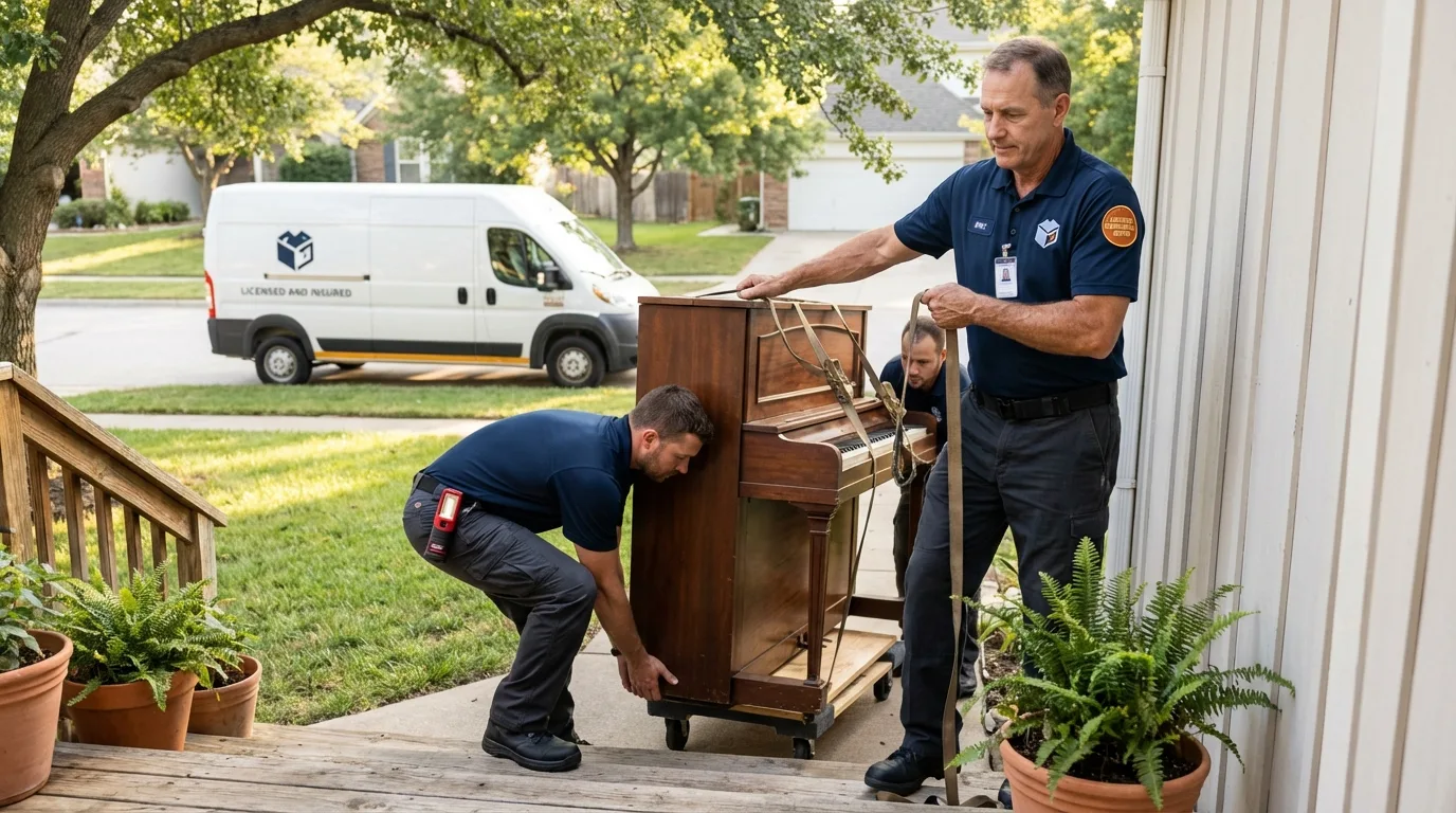 Licensed piano movers securing grand piano in Luckey, OH