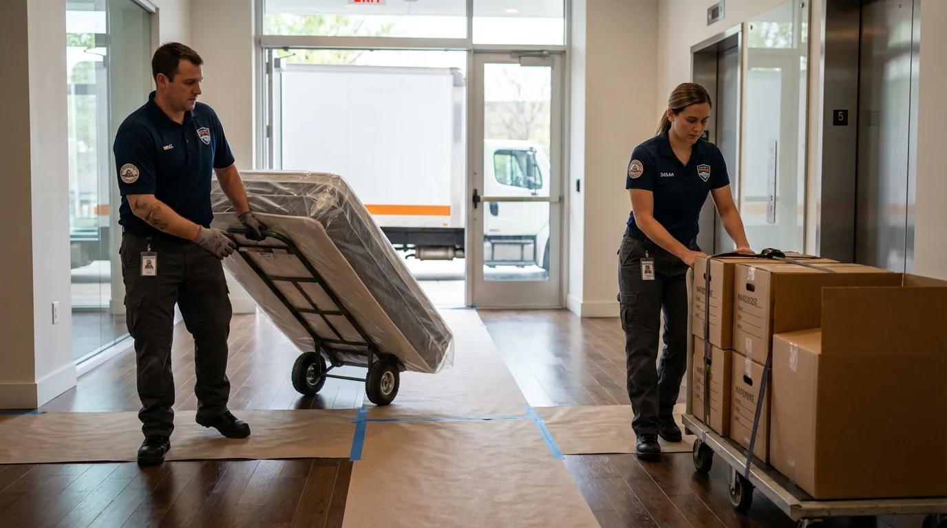 Professional apartment movers loading elevator in Luckey, OH